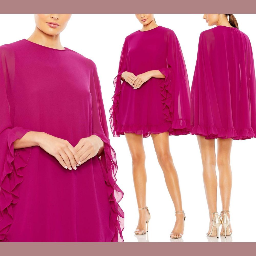 NWT IEENA Mac Duggal [ 4 ] High‎ Neck Ruffle Hem Cape Mini Dress Fuchsia Pink